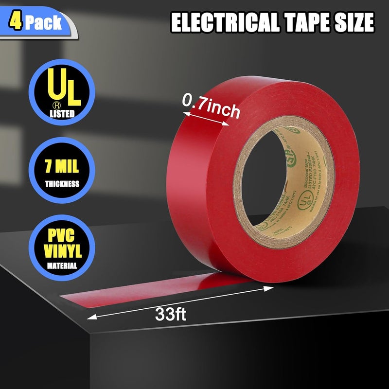G GEYYANG GEYYANG Red Electrical Tape, Professional Grade UL Approved, 4 Pack Multipurpose Electrical Tape for Home Improvement Electrical Equipment, 0.7in X 33ft PVC Electric Insulating Tape - Image 2